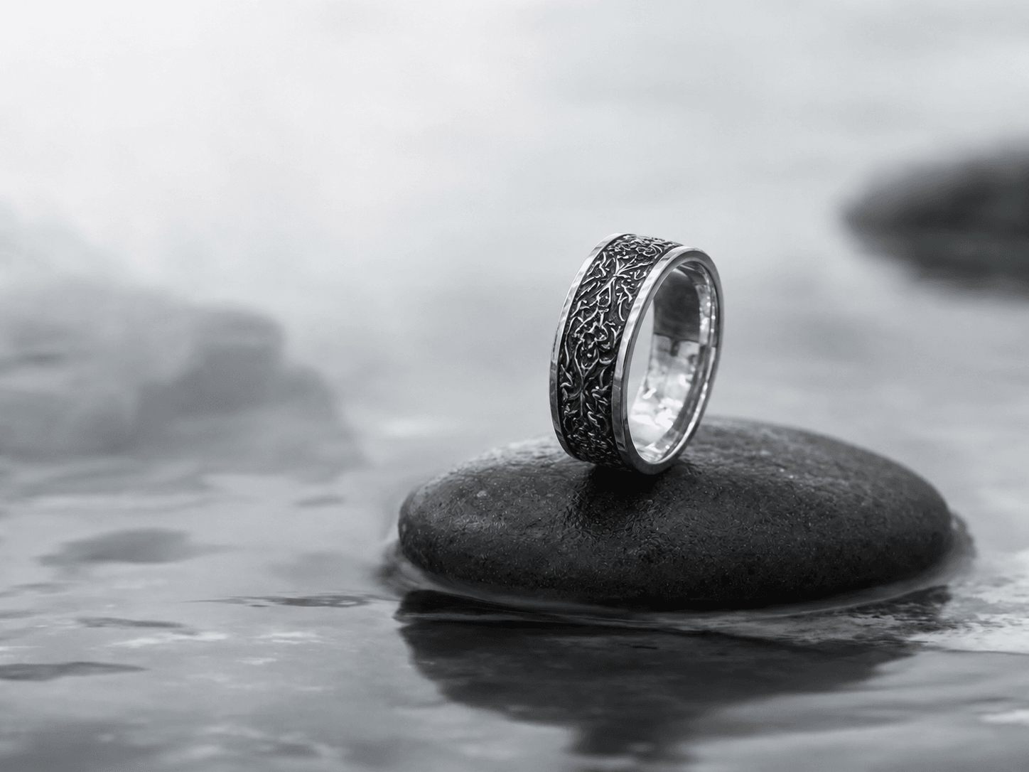 Black oxidized silver ring standing on a dark wet stone