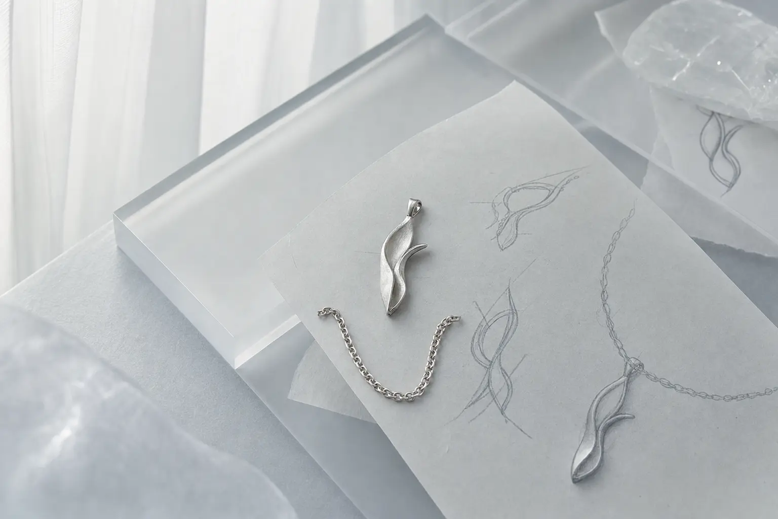 Cool gray vellum design study with silver jewelry prototypes