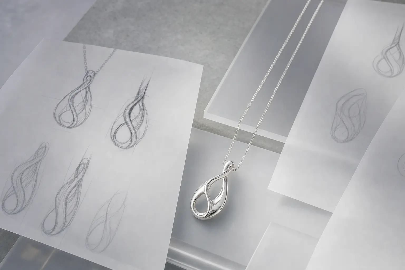 Pendant construction sketches with a silver prototype and fine chain