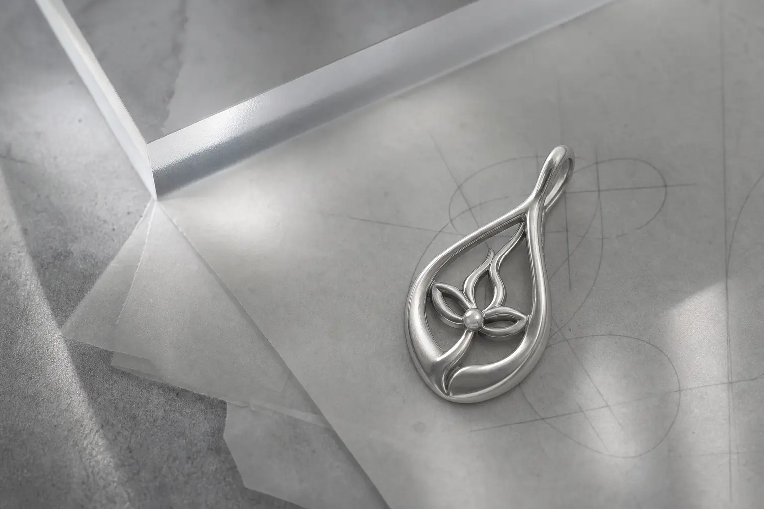 Pear-shaped silver pendant prototype on vellum and frosted acrylic