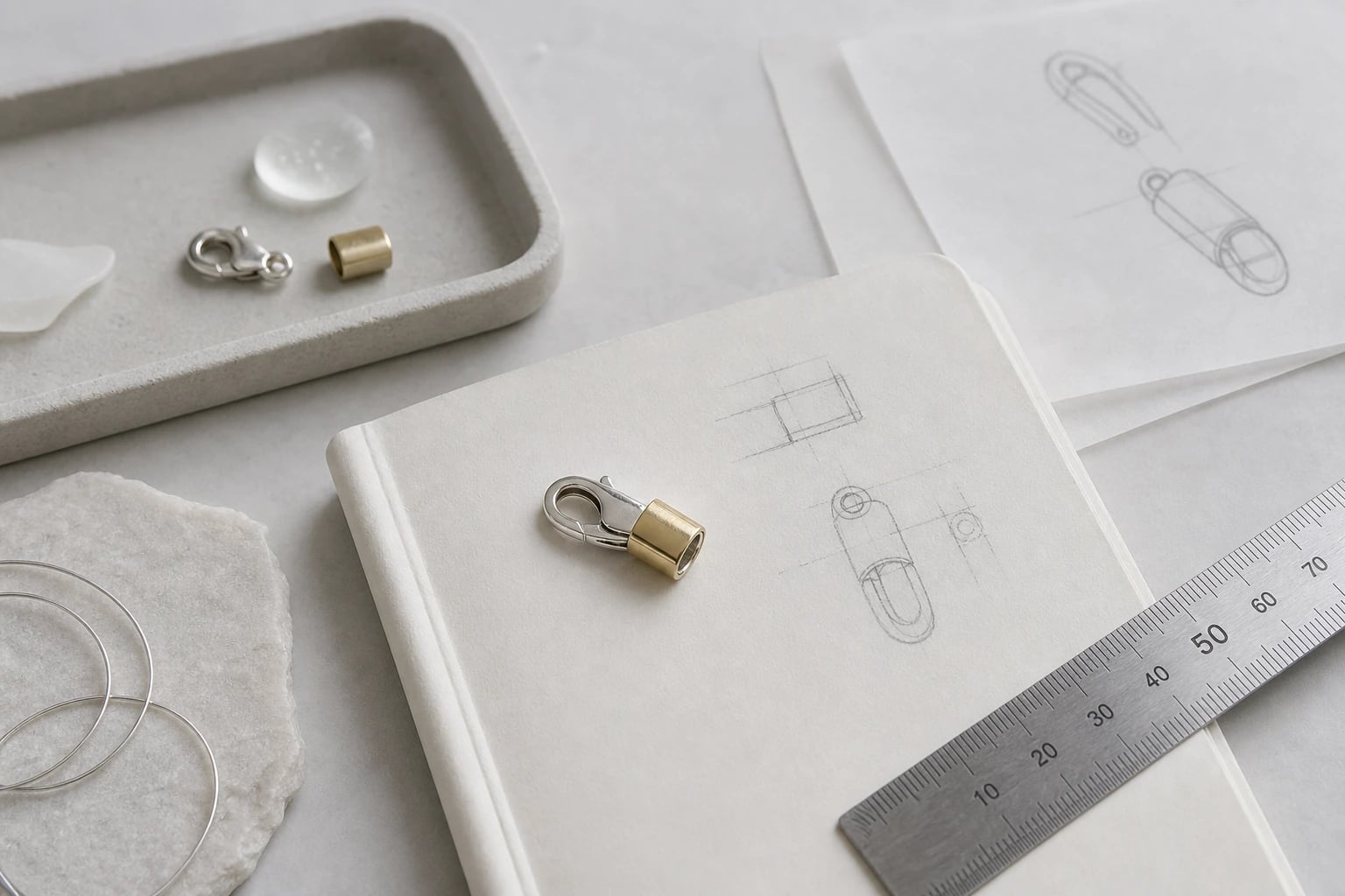 Atelier planning still life with clasp sample, notebook sketches, and steel ruler