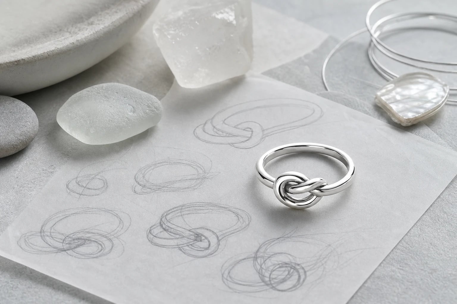 Polished silver knot ring on a sheet of abstract knot pencil studies