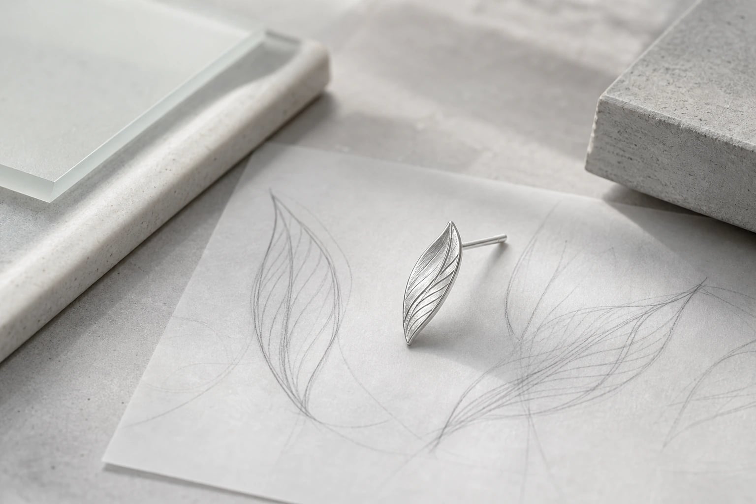 Silver leaf earring prototype standing between faint pencil leaf studies