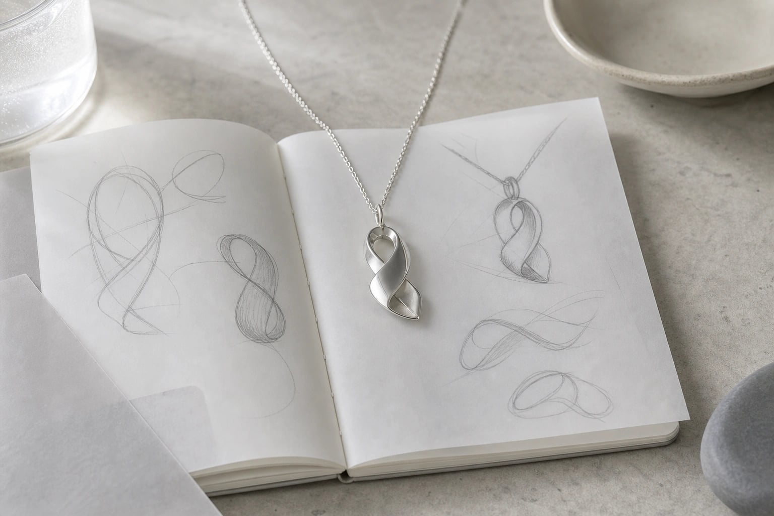 Open design notebook with ribbon pendant sketches and the finished silver pendant