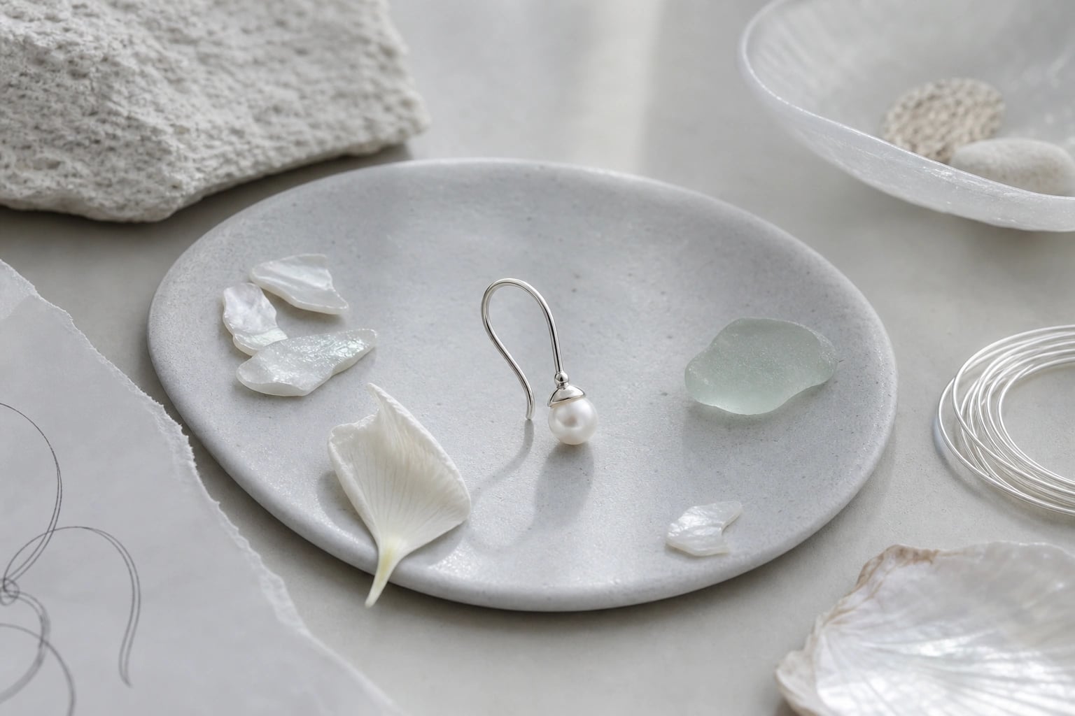 Single silver pearl drop earring on a gray ceramic dish with mother-of-pearl and a pale petal