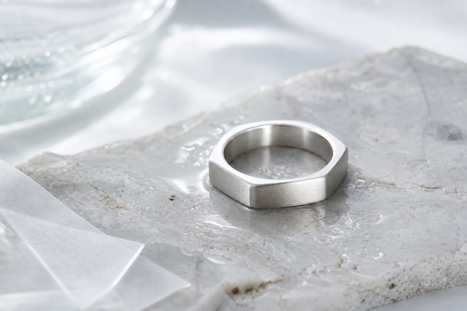Satin silver hexagon ring resting on wet pale stone