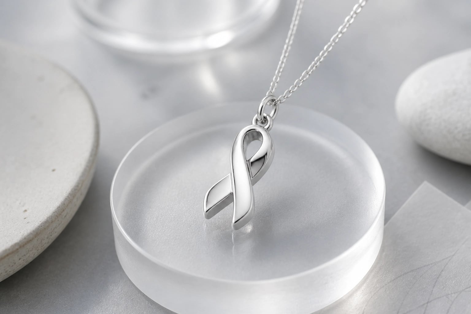 Polished silver ribbon pendant on a rounded frosted acrylic block