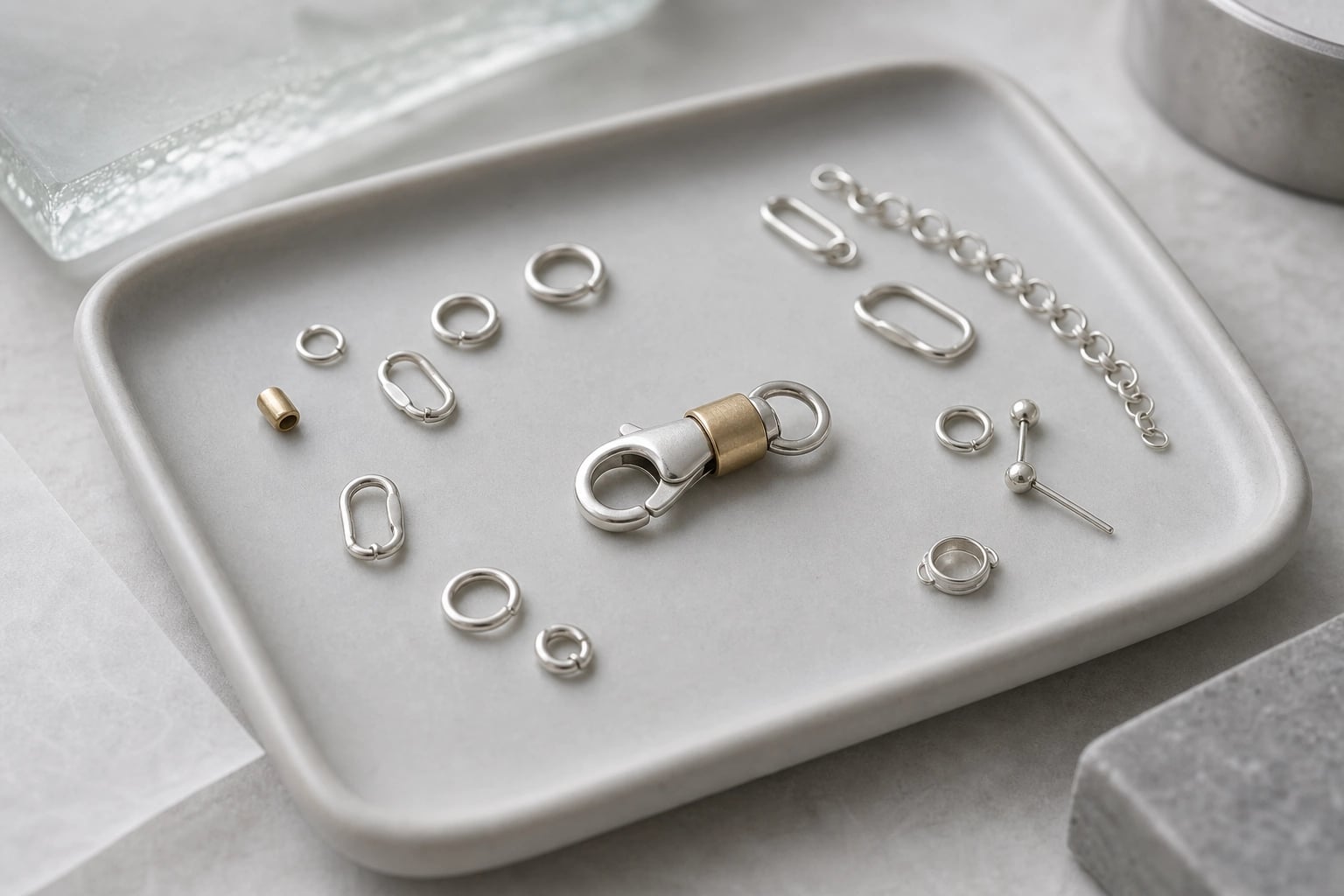 Organized tray of silver links, posts, and a two-tone clasp