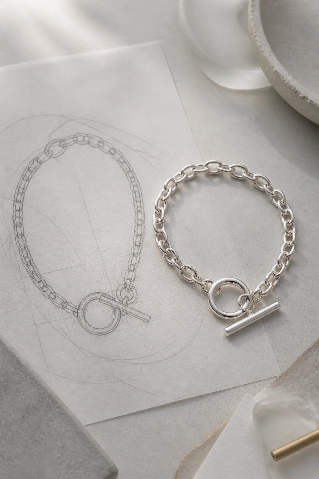 Silver toggle chain bracelet beside its pencil construction sketch on vellum