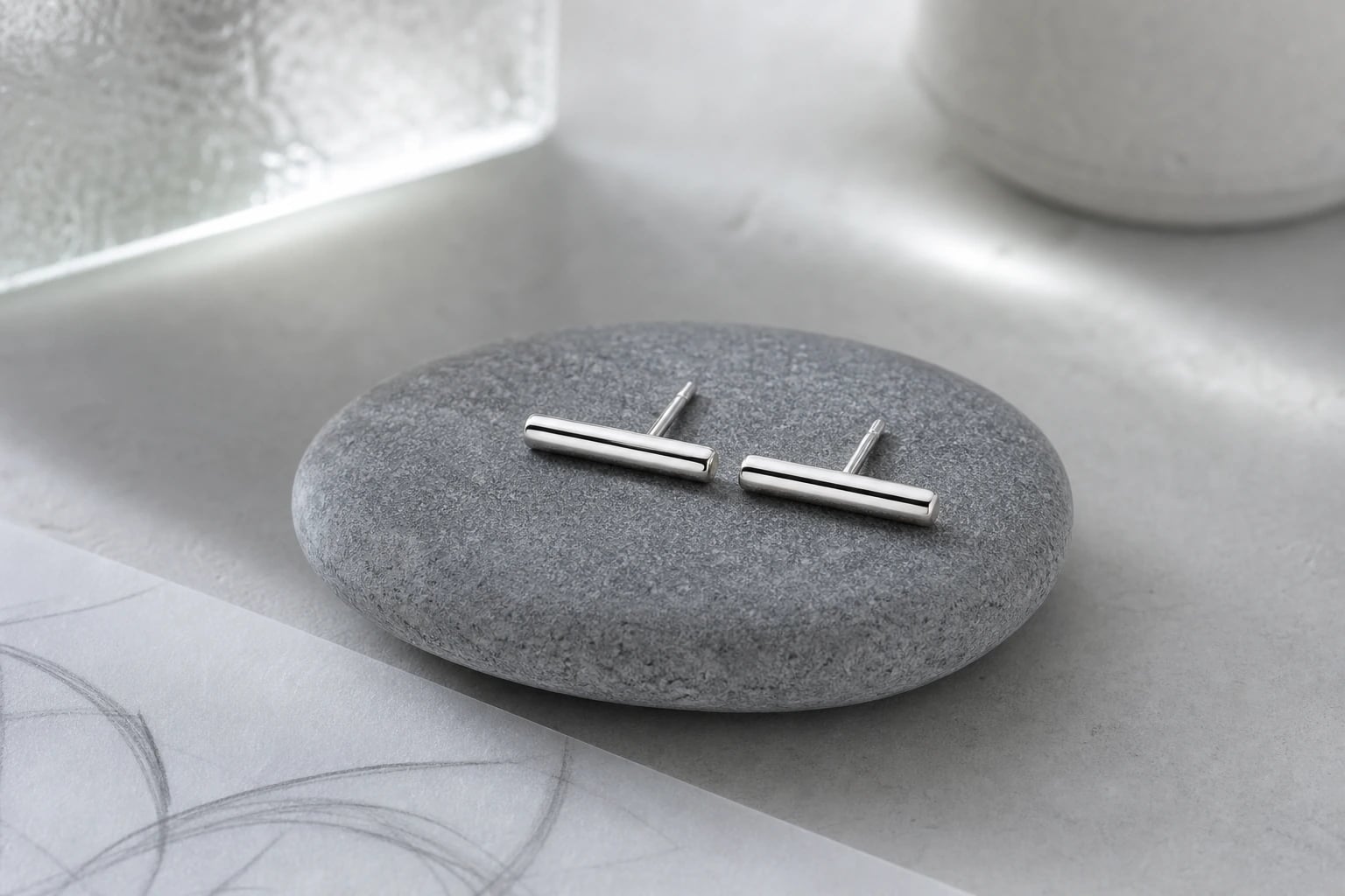Pair of minimal silver bar stud earrings on a graphite-gray pebble