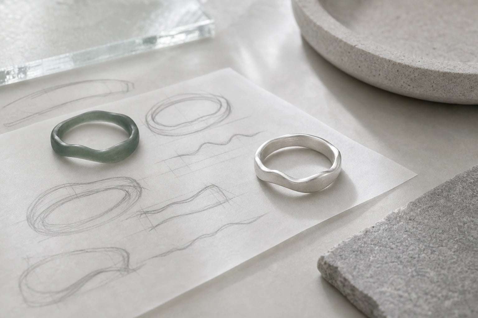Jewelry sketch sheet with a wax model and finished silver wave band