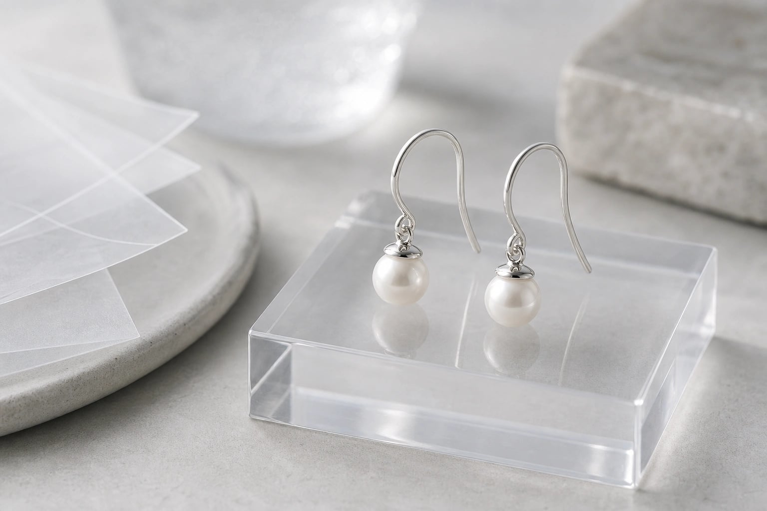 Pair of silver pearl drop earrings displayed on a clear acrylic block