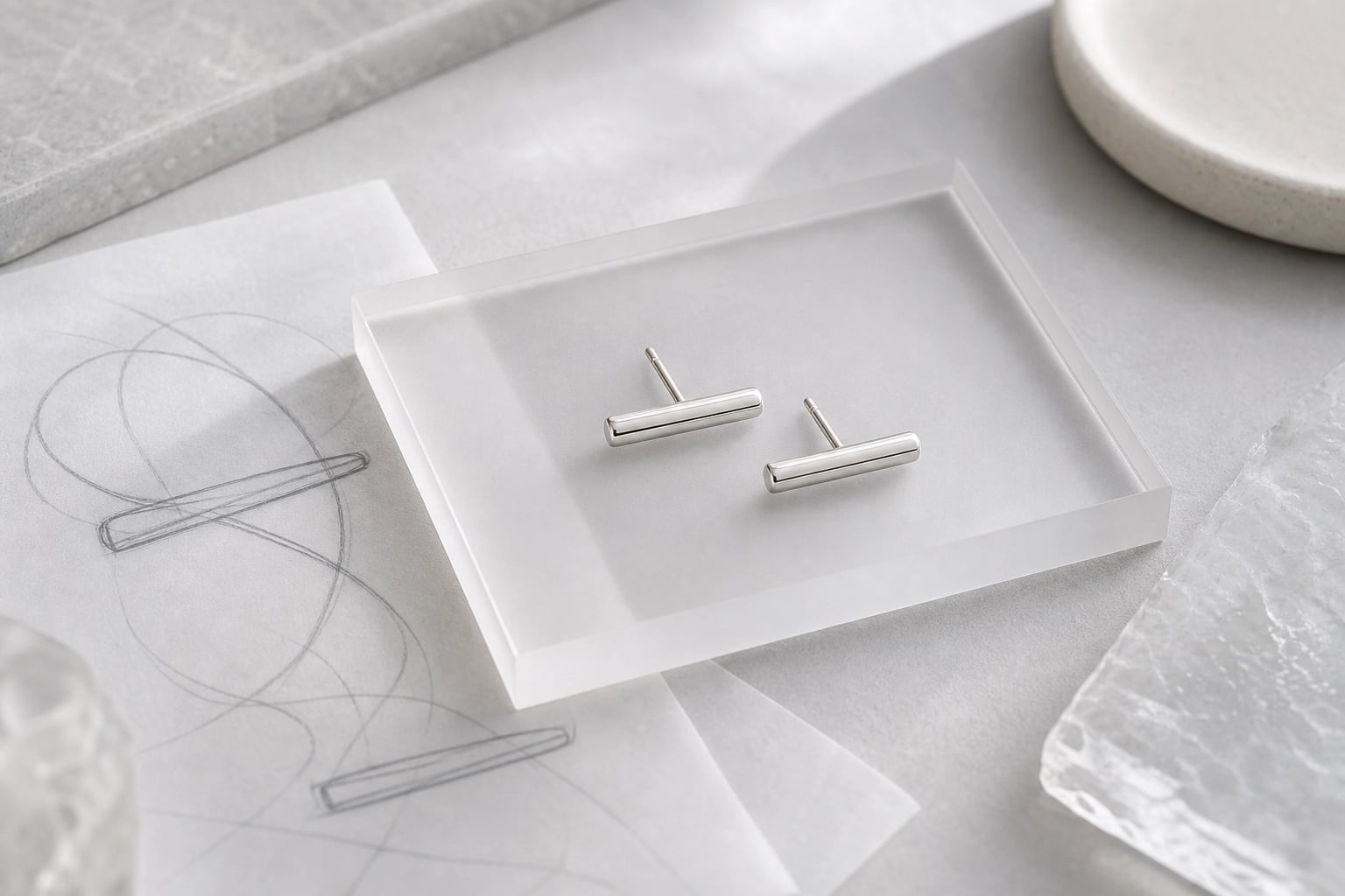 Silver bar stud earrings on a frosted acrylic block beside pencil bar studies