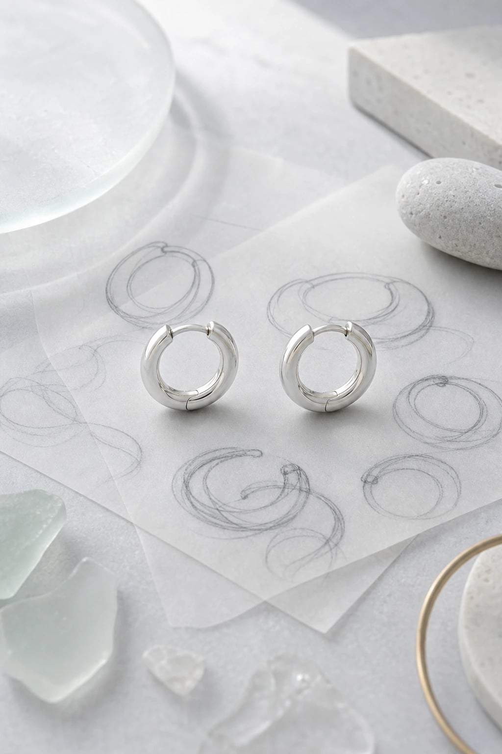 Pair of small silver huggie hoops standing on abstract pencil curve studies