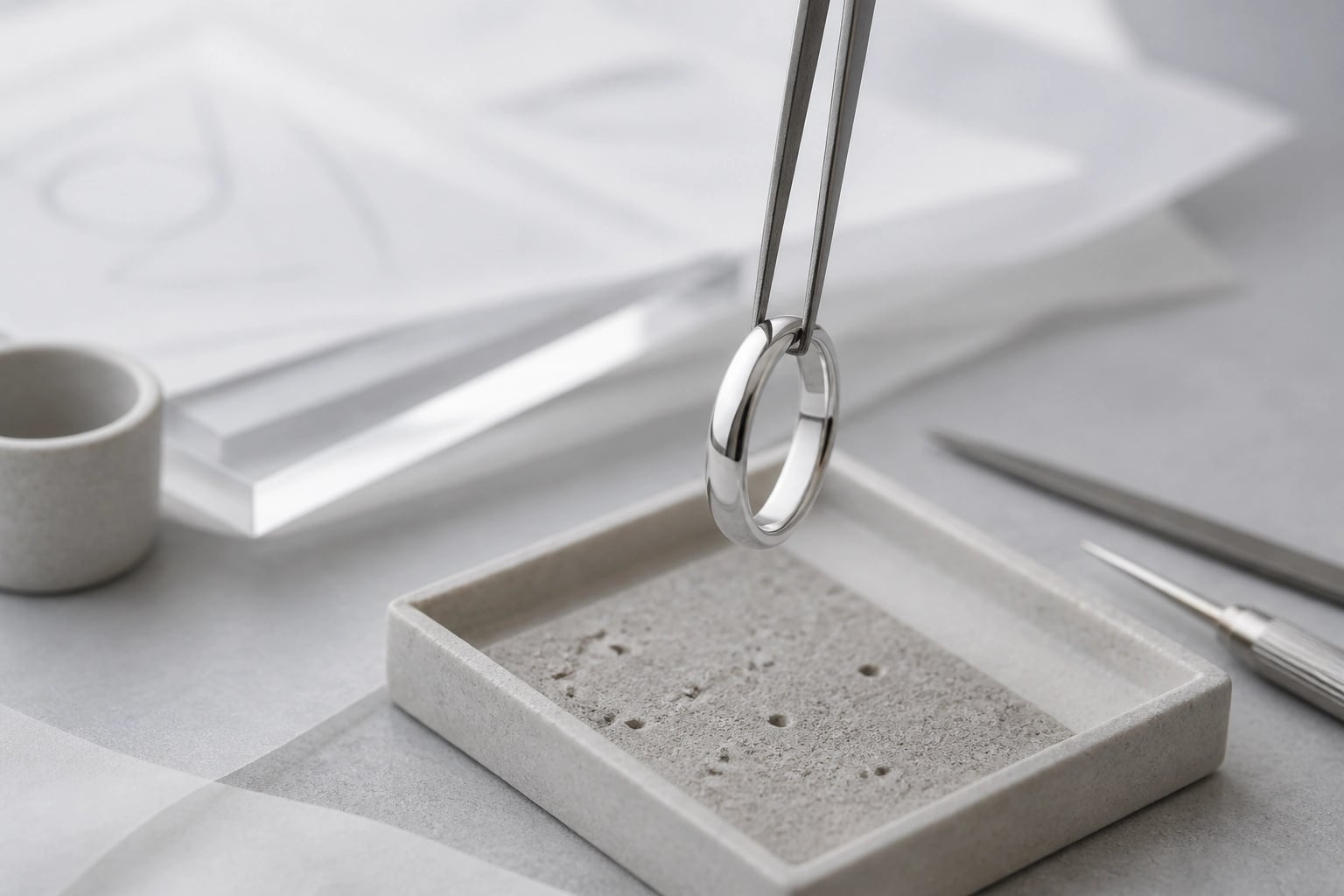 Slender tweezers lifting a plain domed silver band over a stone tray