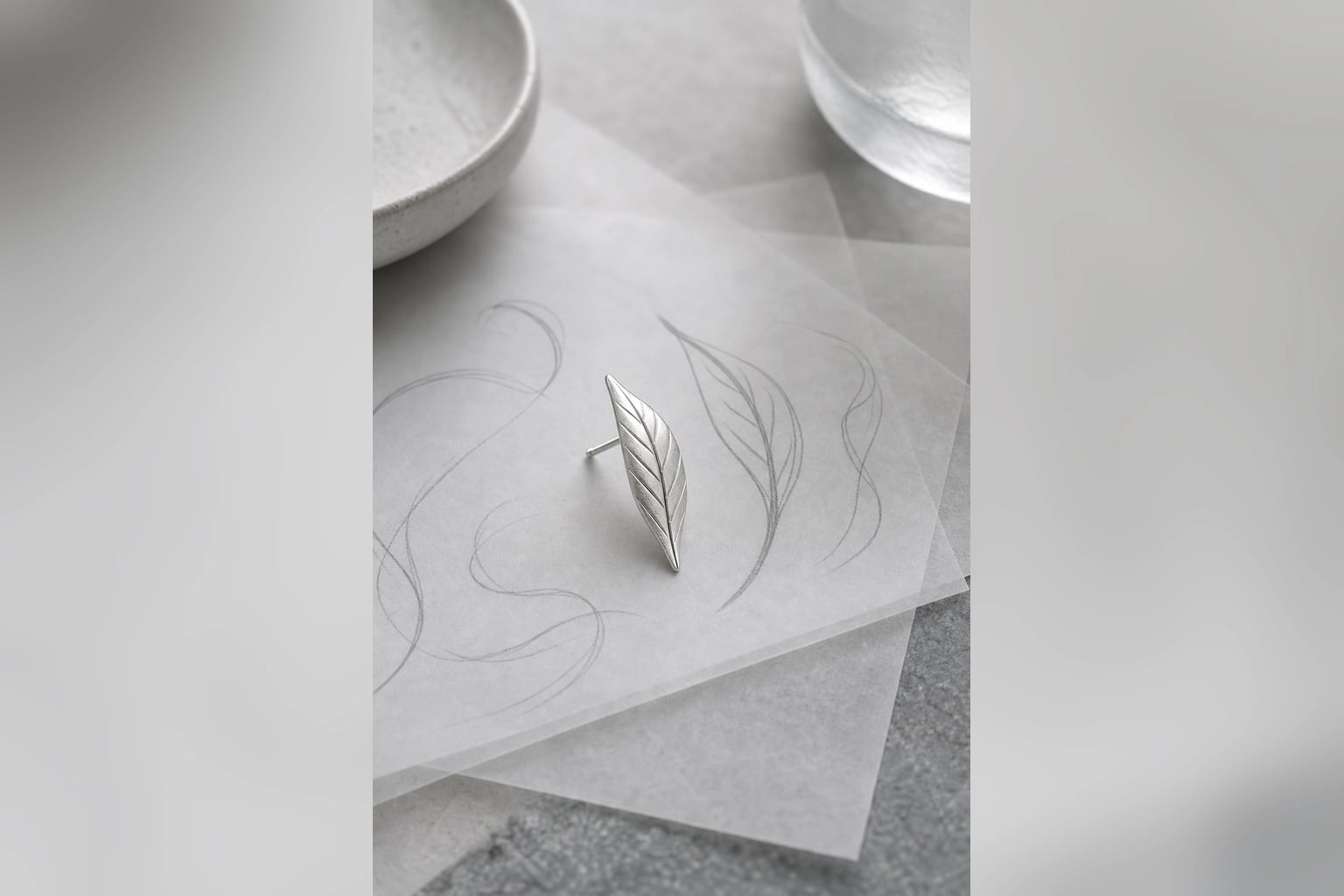 Silver leaf earring standing on layered vellum beside its sketch