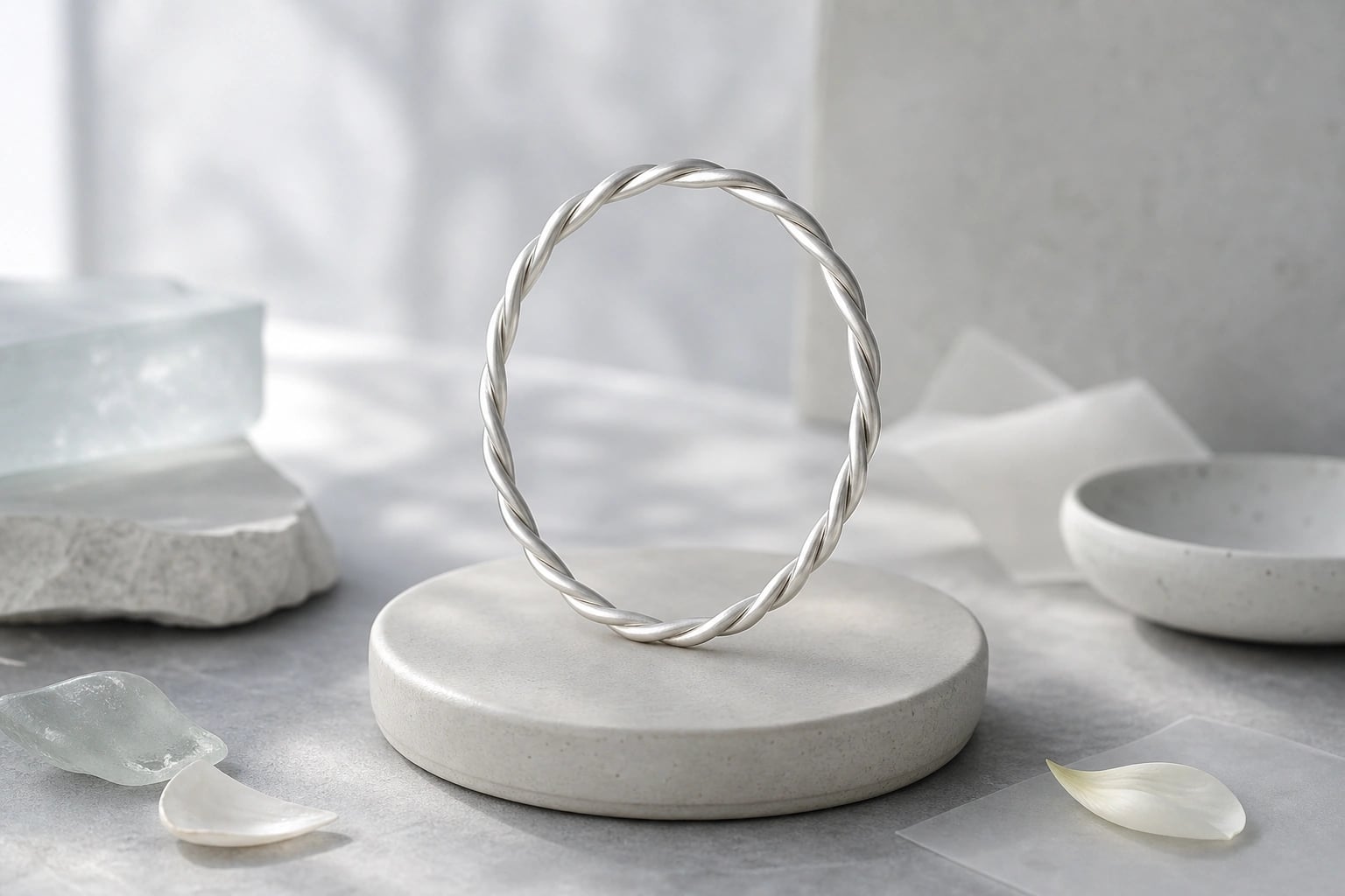 Twisted silver wire bangle standing upright on a matte stone plinth