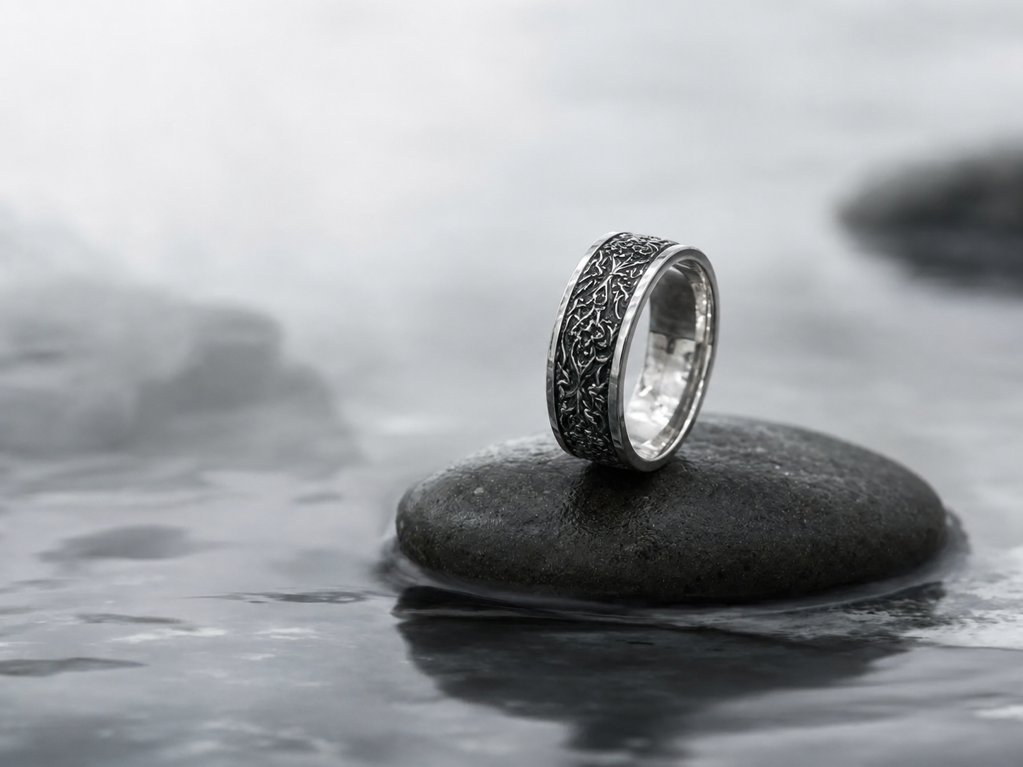 Black oxidized silver ring standing on a dark wet stone